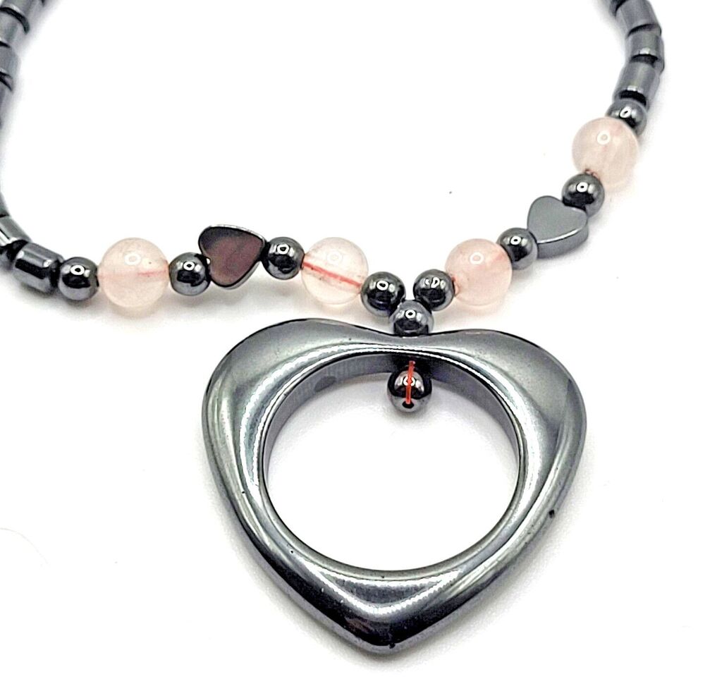 Hematite and Quartz Heart Shaped Beaded Necklace 18.5in